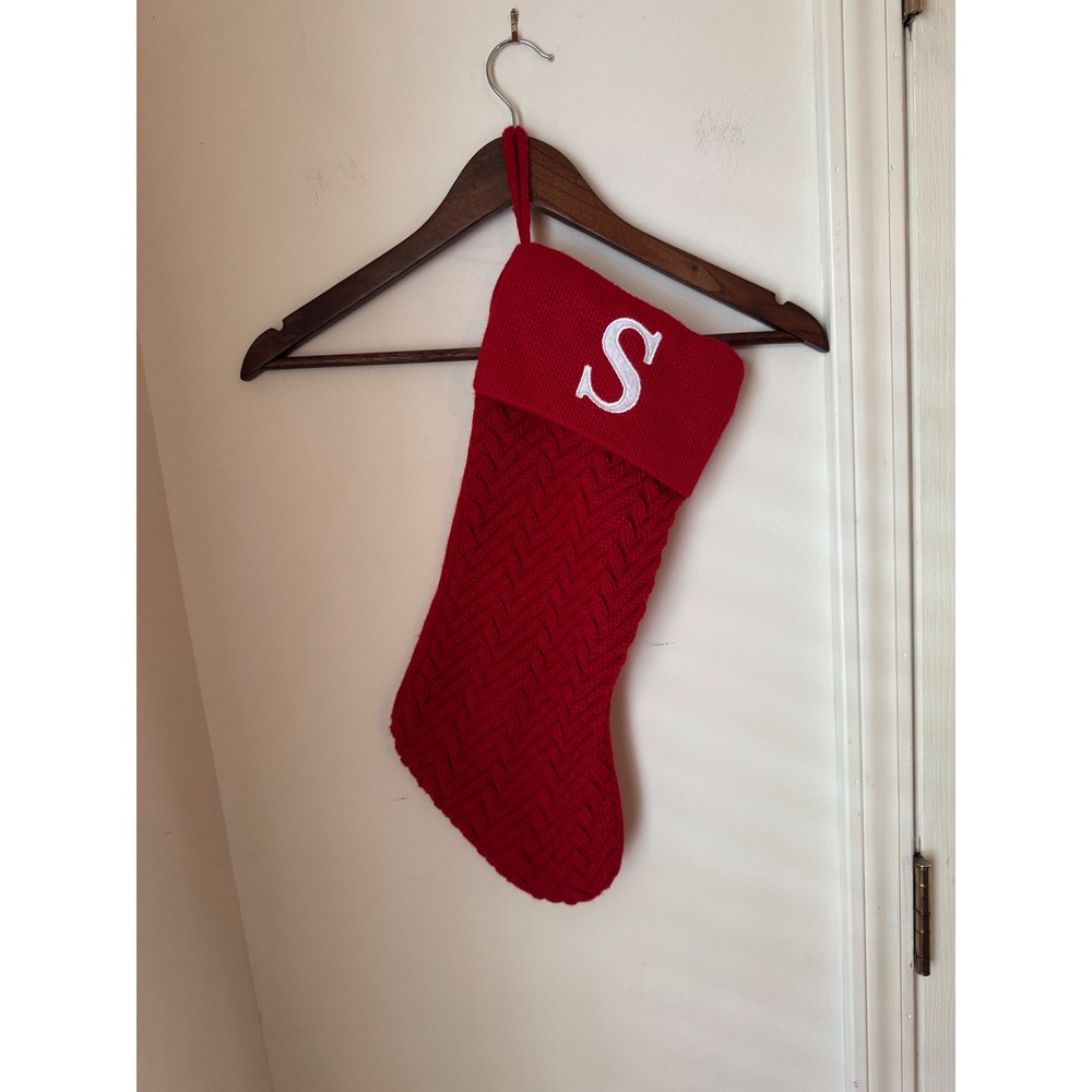 Red Knit Christmas Stocking Monogram Letter S Chevron Cable Holiday Decor
